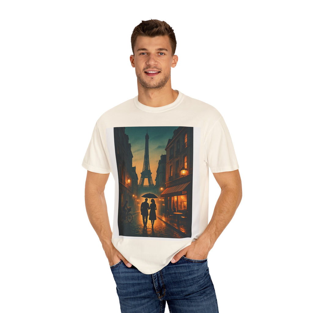 T-Shirt Teint en Pièce – Romance Parisienne Sous la Pluie (Personnalisable)