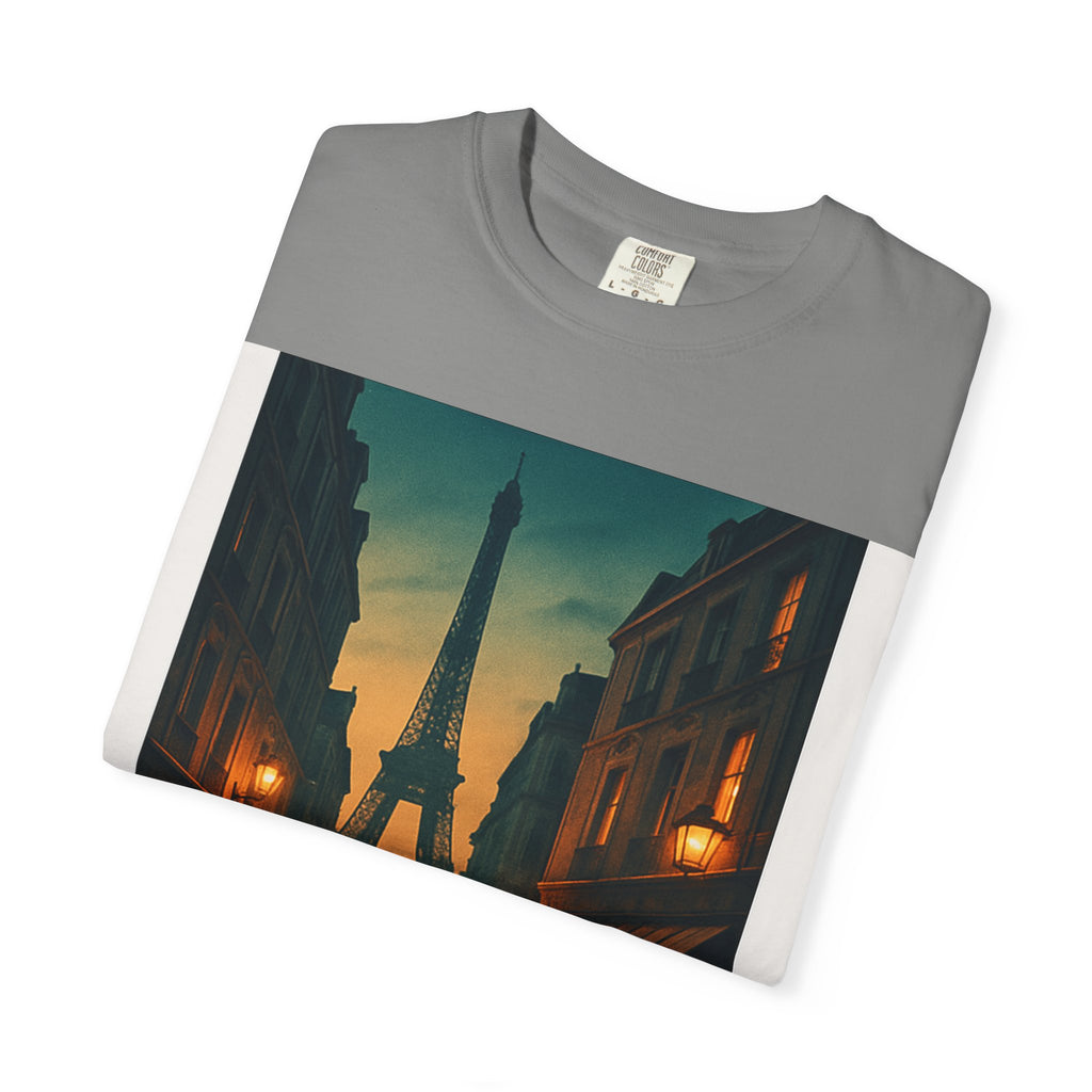 T-Shirt Teint en Pièce – Romance Parisienne Sous la Pluie (Personnalisable)