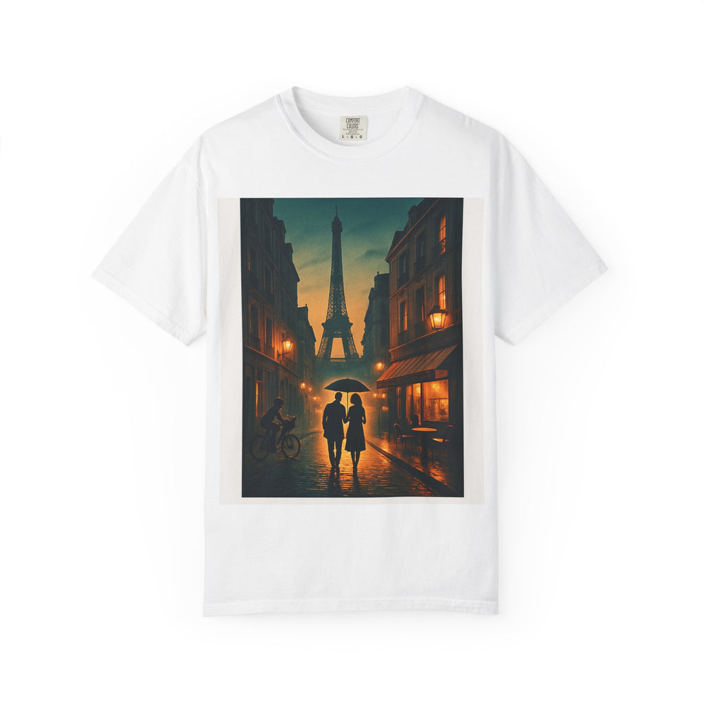 T-Shirt Teint en Pièce – Romance Parisienne Sous la Pluie (Personnalisable)