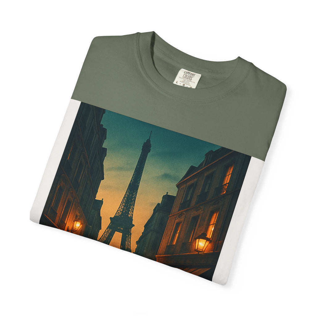 T-Shirt Teint en Pièce – Romance Parisienne Sous la Pluie (Personnalisable)