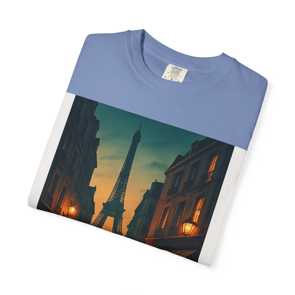 T-Shirt Teint en Pièce – Romance Parisienne Sous la Pluie (Personnalisable)