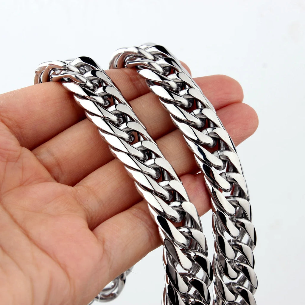 Collier / Bracelet à Maillons Cubains en Acier Inoxydable – Argent & Or – 9 à 21 mm