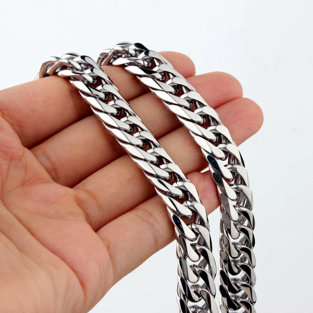 Collier / Bracelet à Maillons Cubains en Acier Inoxydable – Argent & Or – 9 à 21 mm