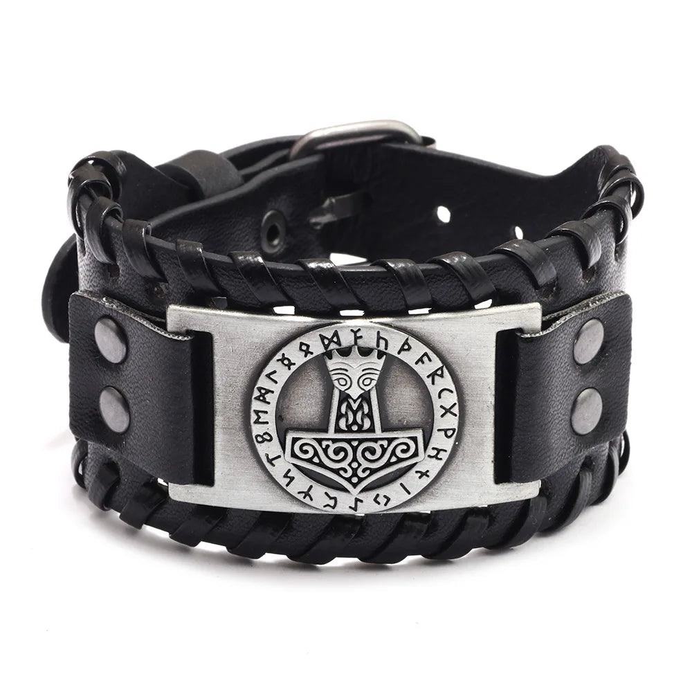 Bracelet Viking Homme – Cuir Tressé & Rune Nordique | Boussole & Dieu Oiseau