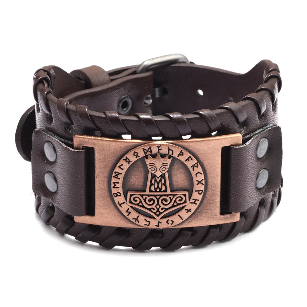 Bracelet Viking Homme – Cuir Tressé & Rune Nordique | Boussole & Dieu Oiseau