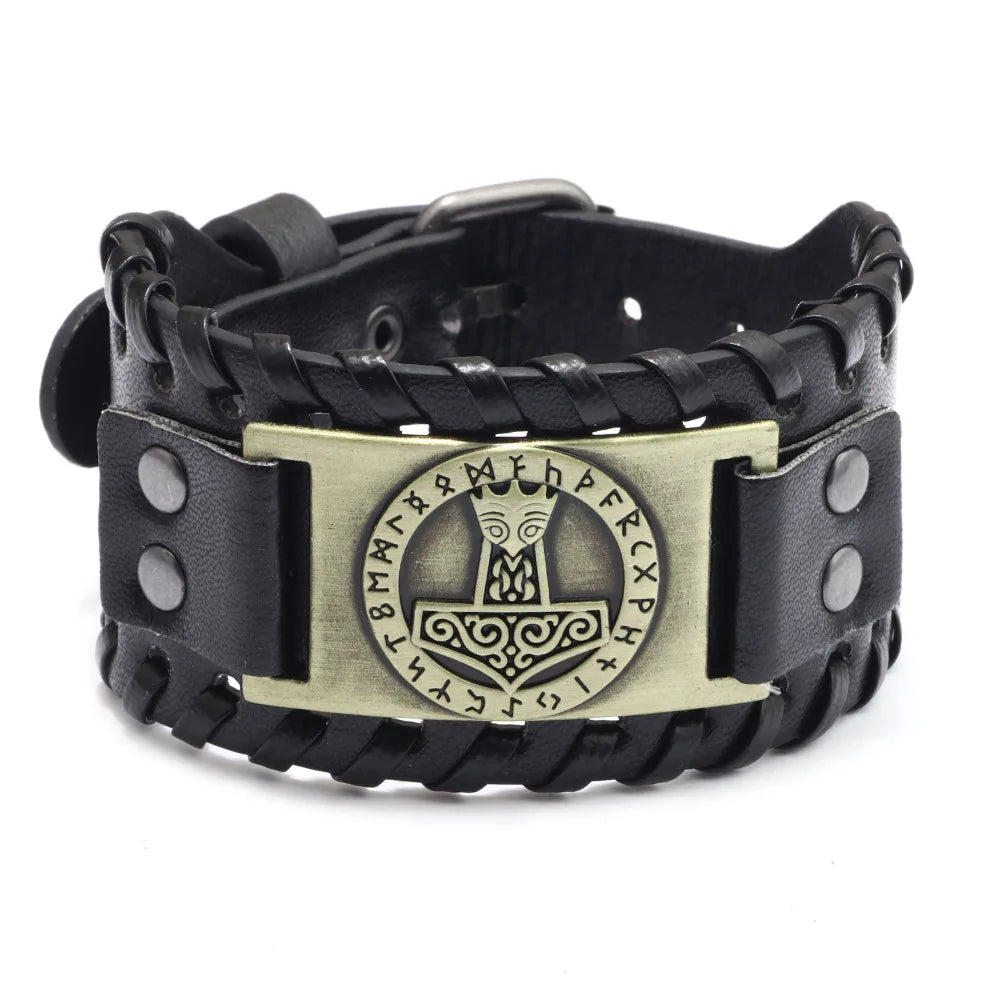 Bracelet Viking Homme – Cuir Tressé & Rune Nordique | Boussole & Dieu Oiseau