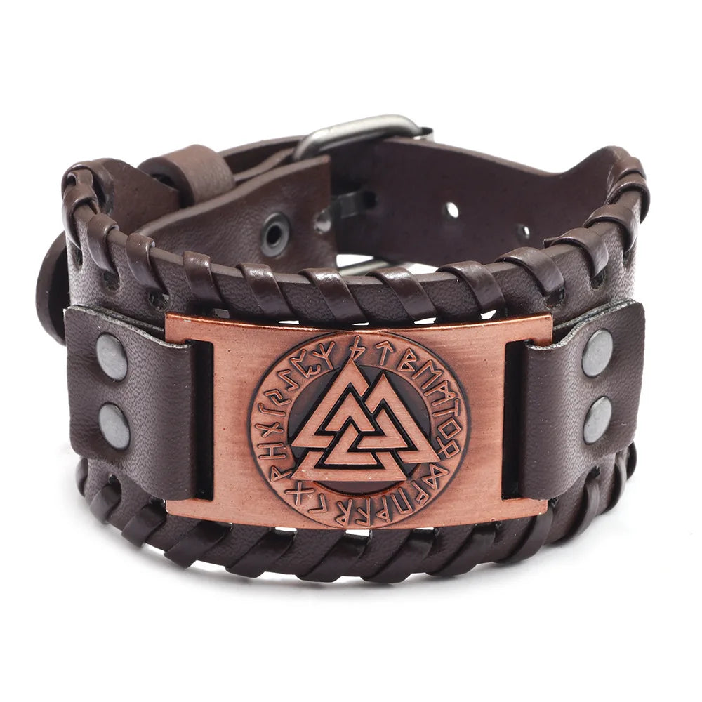 Bracelet Viking Homme – Cuir Tressé & Rune Nordique | Boussole & Dieu Oiseau