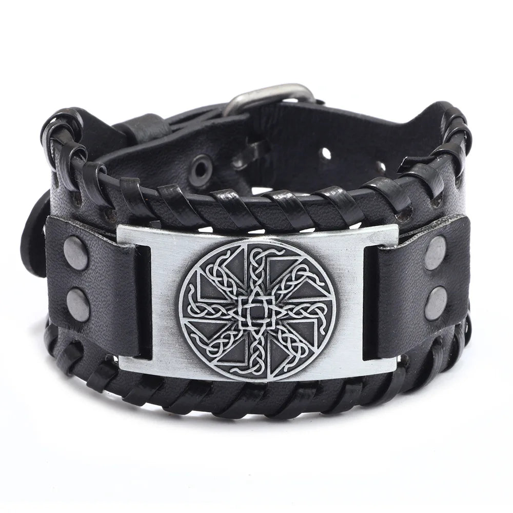 Bracelet Viking Homme – Cuir Tressé & Rune Nordique | Boussole & Dieu Oiseau