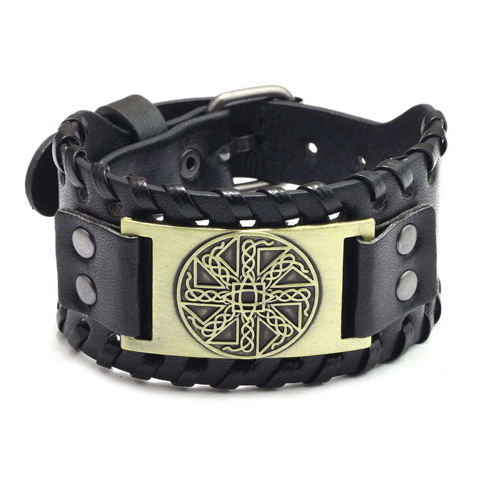 Bracelet Viking Homme – Cuir Tressé & Rune Nordique | Boussole & Dieu Oiseau