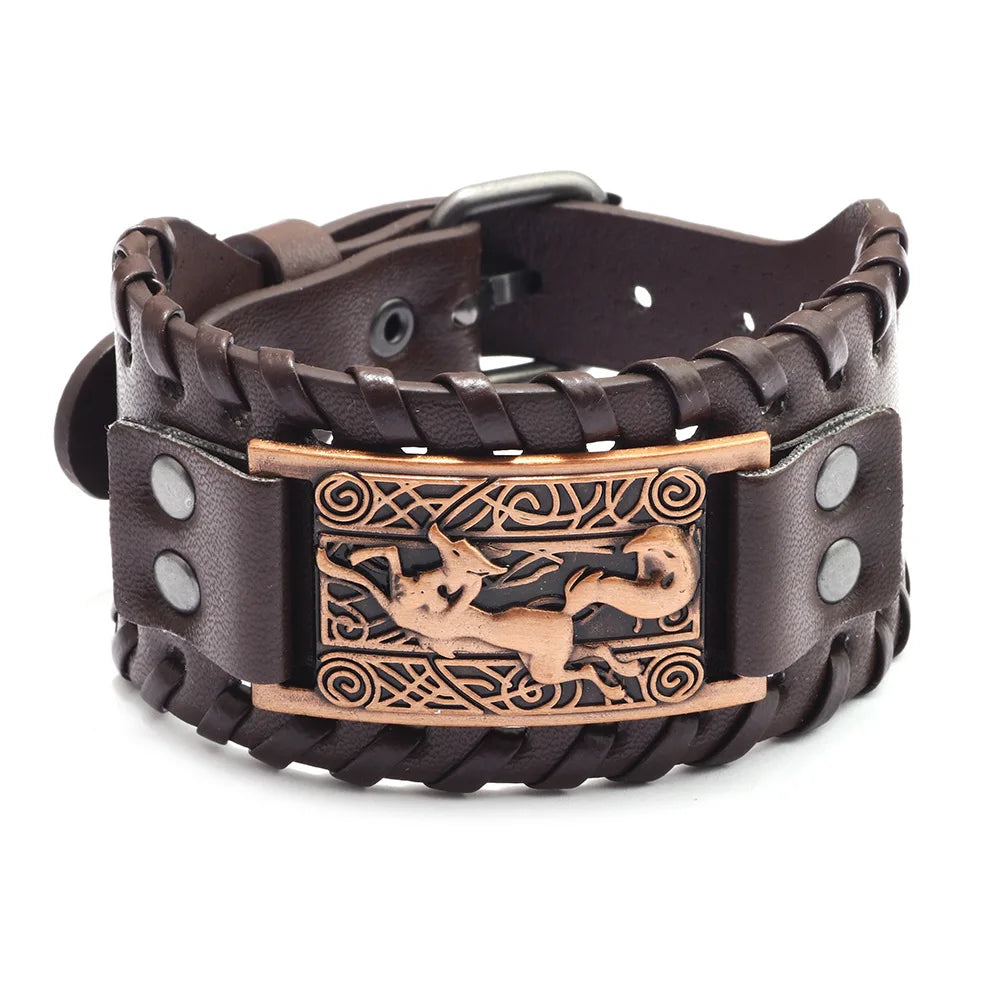 Bracelet Viking Homme – Cuir Tressé & Rune Nordique | Boussole & Dieu Oiseau