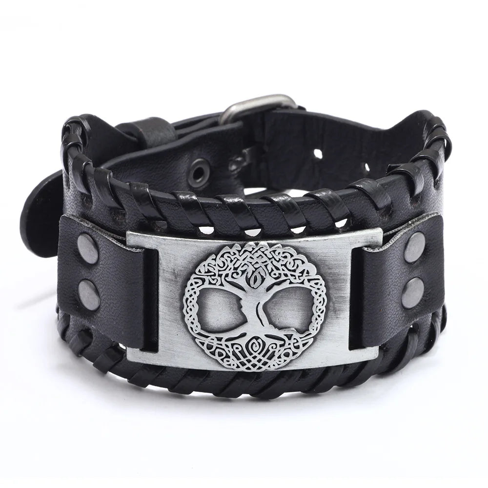 Bracelet Viking Homme – Cuir Tressé & Rune Nordique | Boussole & Dieu Oiseau
