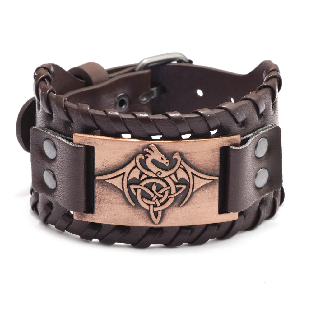 Bracelet Viking Homme – Cuir Tressé & Rune Nordique | Boussole & Dieu Oiseau