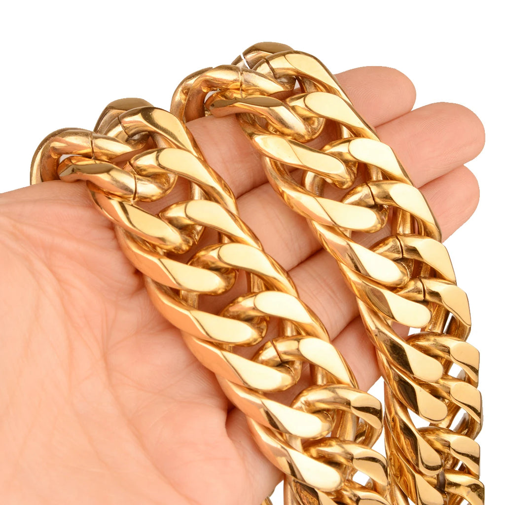 Collier / Bracelet à Maillons Cubains en Acier Inoxydable – Argent & Or – 9 à 21 mm