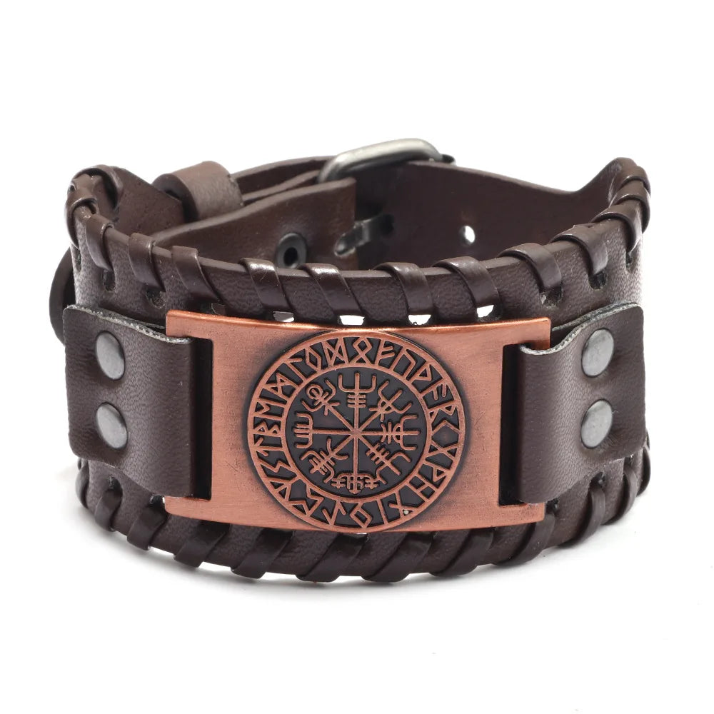 Bracelet Viking Homme – Cuir Tressé & Rune Nordique | Boussole & Dieu Oiseau