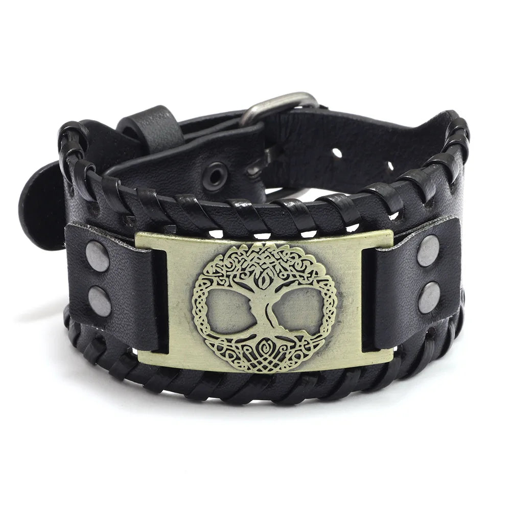 Bracelet Viking Homme – Cuir Tressé & Rune Nordique | Boussole & Dieu Oiseau