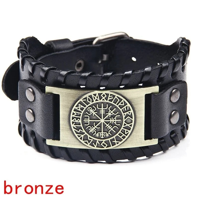 Bracelet Viking Homme – Cuir Tressé & Rune Nordique | Boussole & Dieu Oiseau