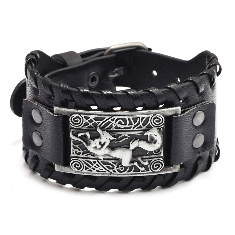 Bracelet Viking Homme – Cuir Tressé & Rune Nordique | Boussole & Dieu Oiseau
