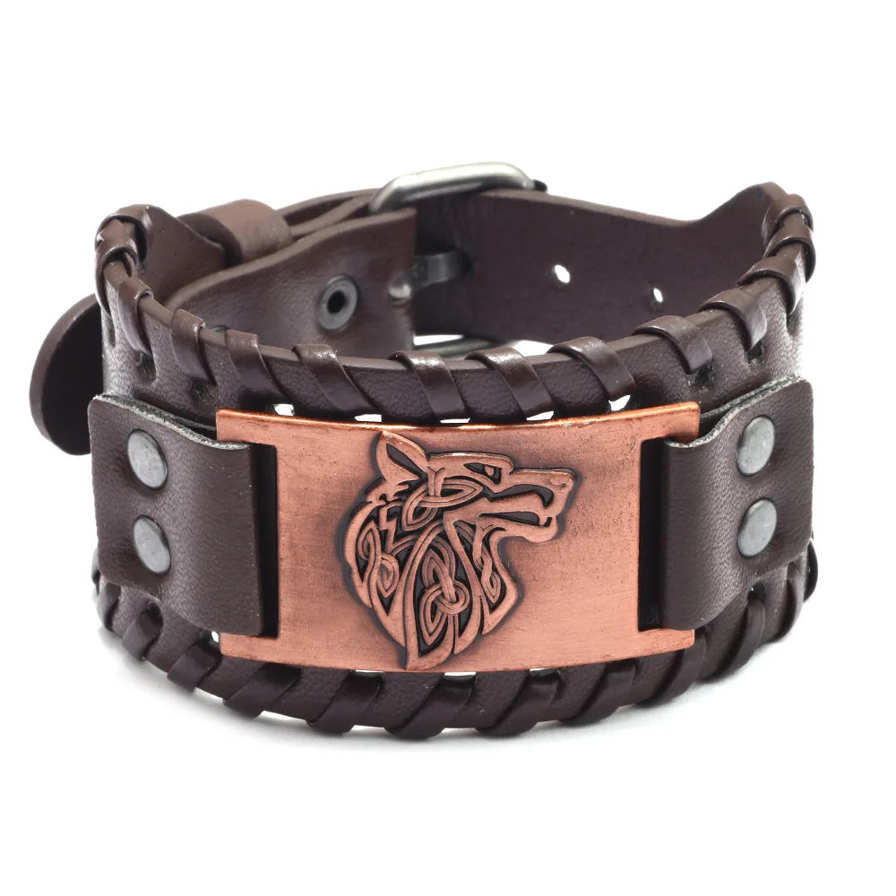 Bracelet Viking Homme – Cuir Tressé & Rune Nordique | Boussole & Dieu Oiseau