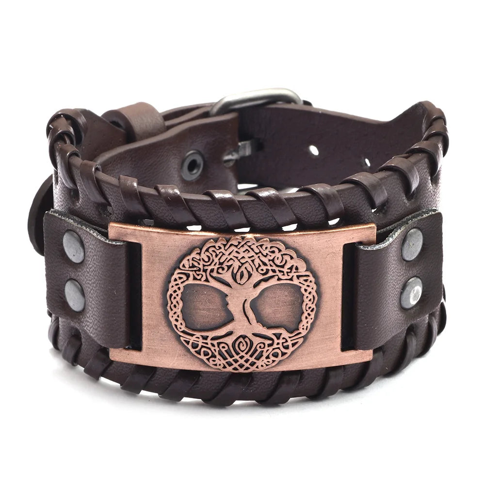 Bracelet Viking Homme – Cuir Tressé & Rune Nordique | Boussole & Dieu Oiseau