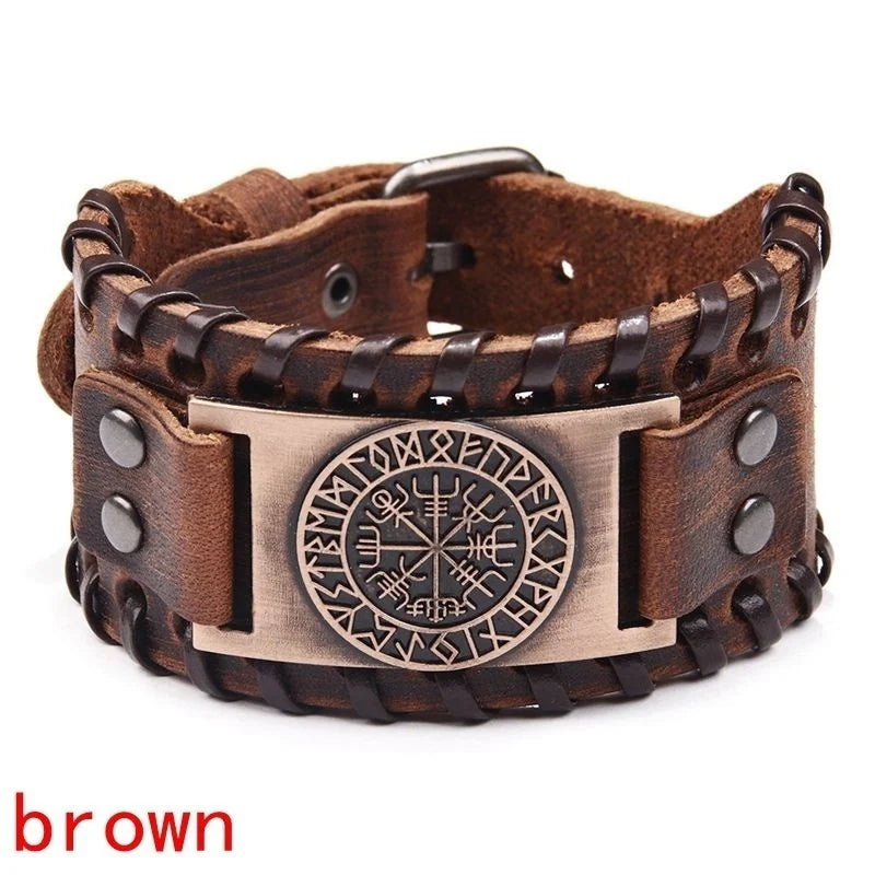 Bracelet Viking Homme – Cuir Tressé & Rune Nordique | Boussole & Dieu Oiseau