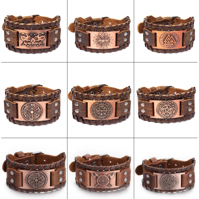 Bracelet Viking Homme – Cuir Tressé & Rune Nordique | Boussole & Dieu Oiseau