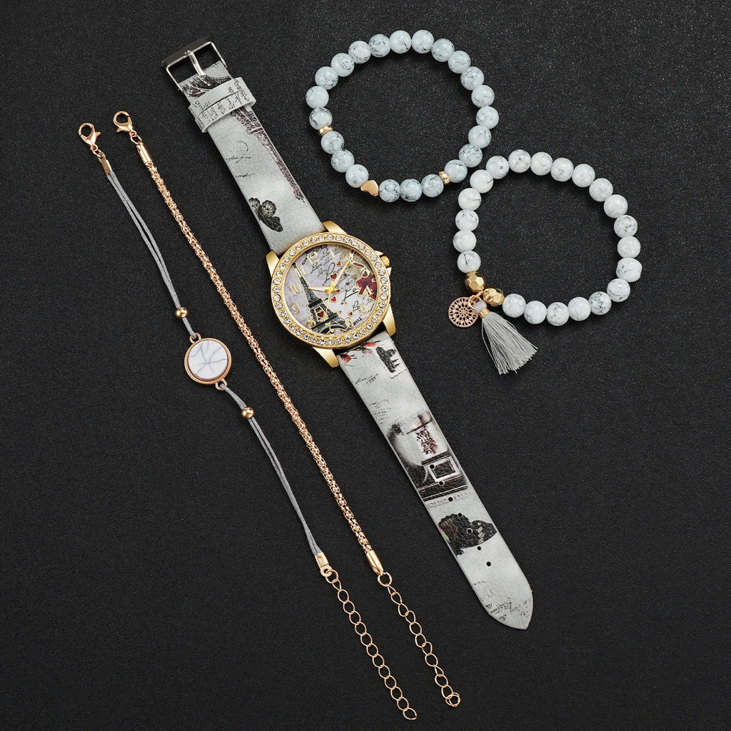 Ensemble Montres & Bracelets Strass – Fleurs & Cuir – Femme (3 / 4 / 5 pièces)