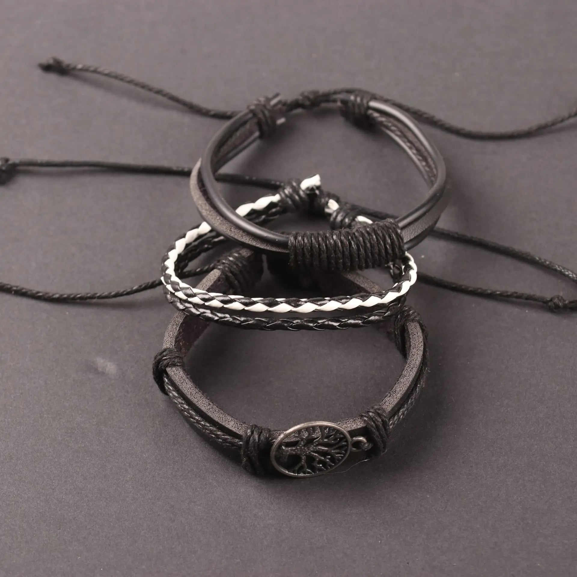 Bracelets Homme – Ensemble 4 Pièces Arbre de Vie | Cuir Tressé & Perles Bois