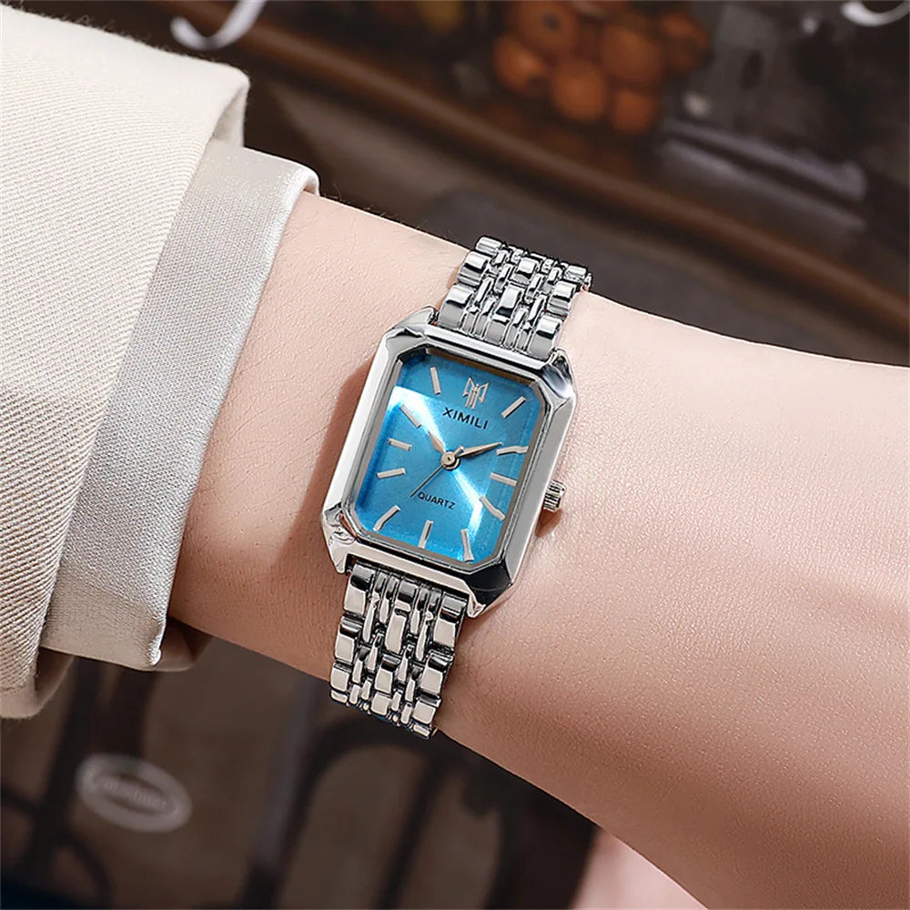 Montre Femme Luxe – Cadran Carré & Bracelet Acier Inoxydable