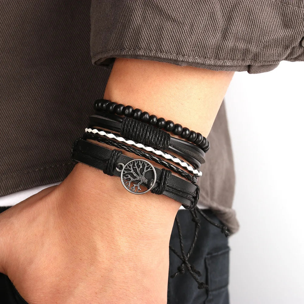Bracelets Homme – Ensemble 4 Pièces Arbre de Vie | Cuir Tressé & Perles Bois