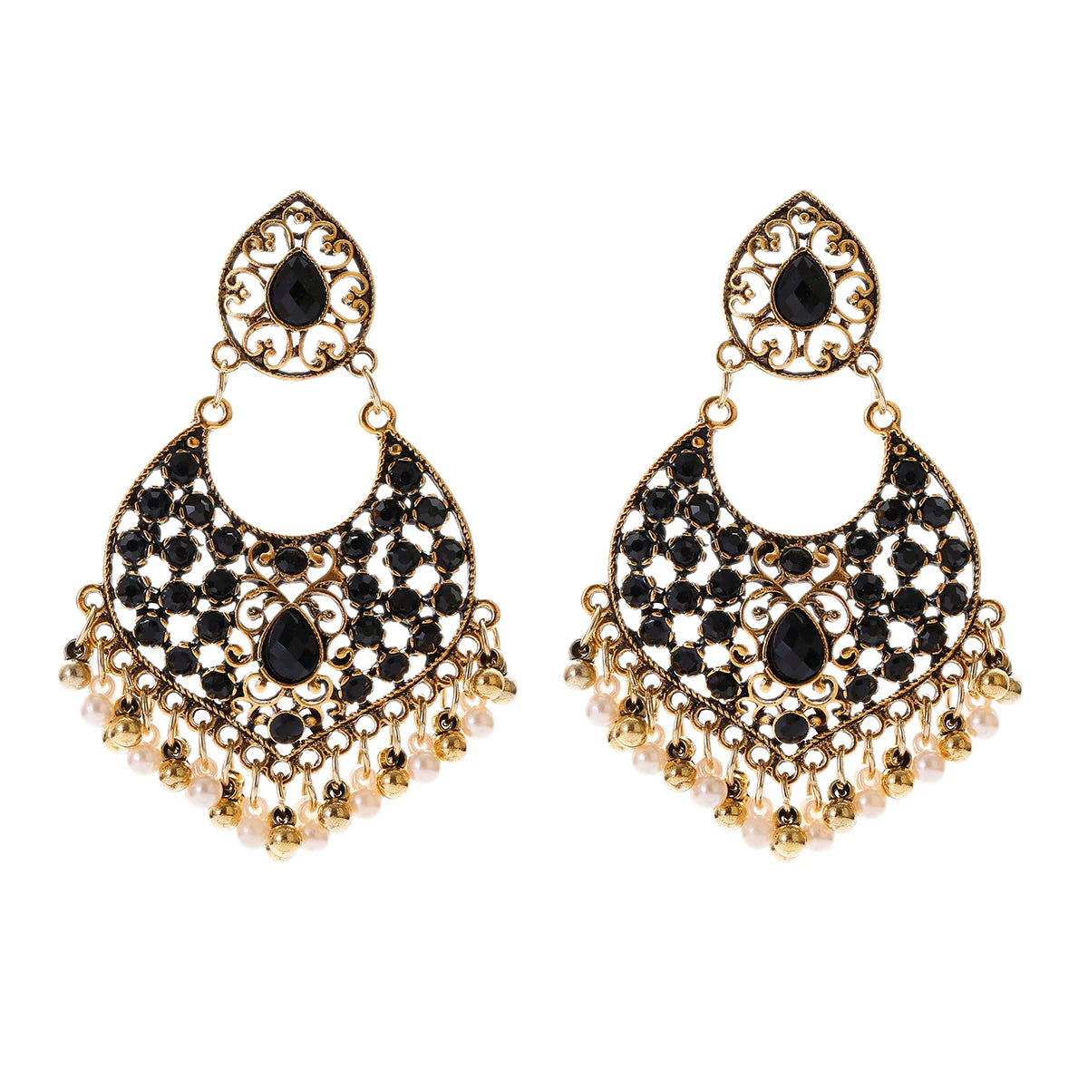 Boucles d’Oreilles Jhumka Indiennes – Cœur Doré, Perles & Pompon – Style Vintage Éthnique