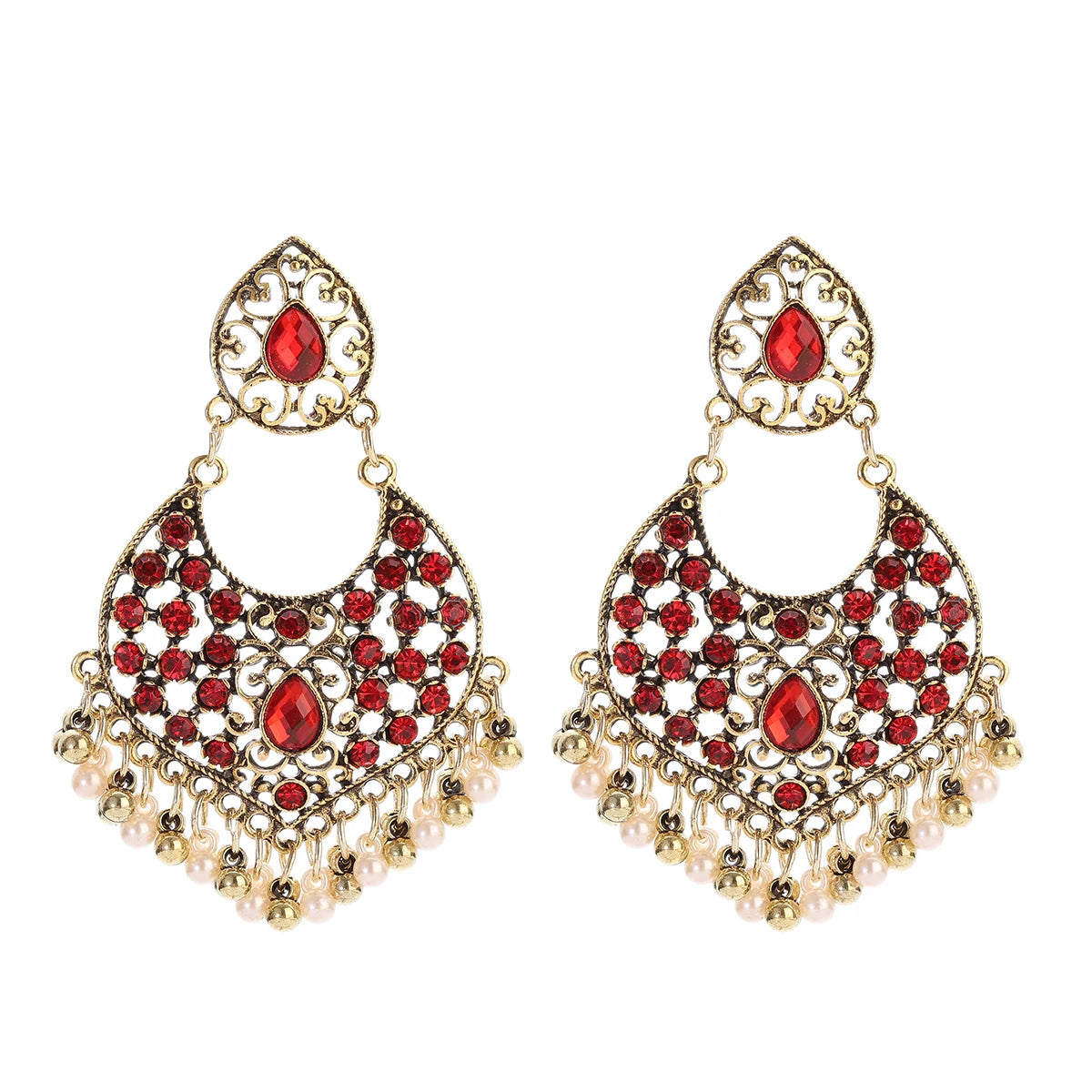 Boucles d’Oreilles Jhumka Indiennes – Cœur Doré, Perles & Pompon – Style Vintage Éthnique