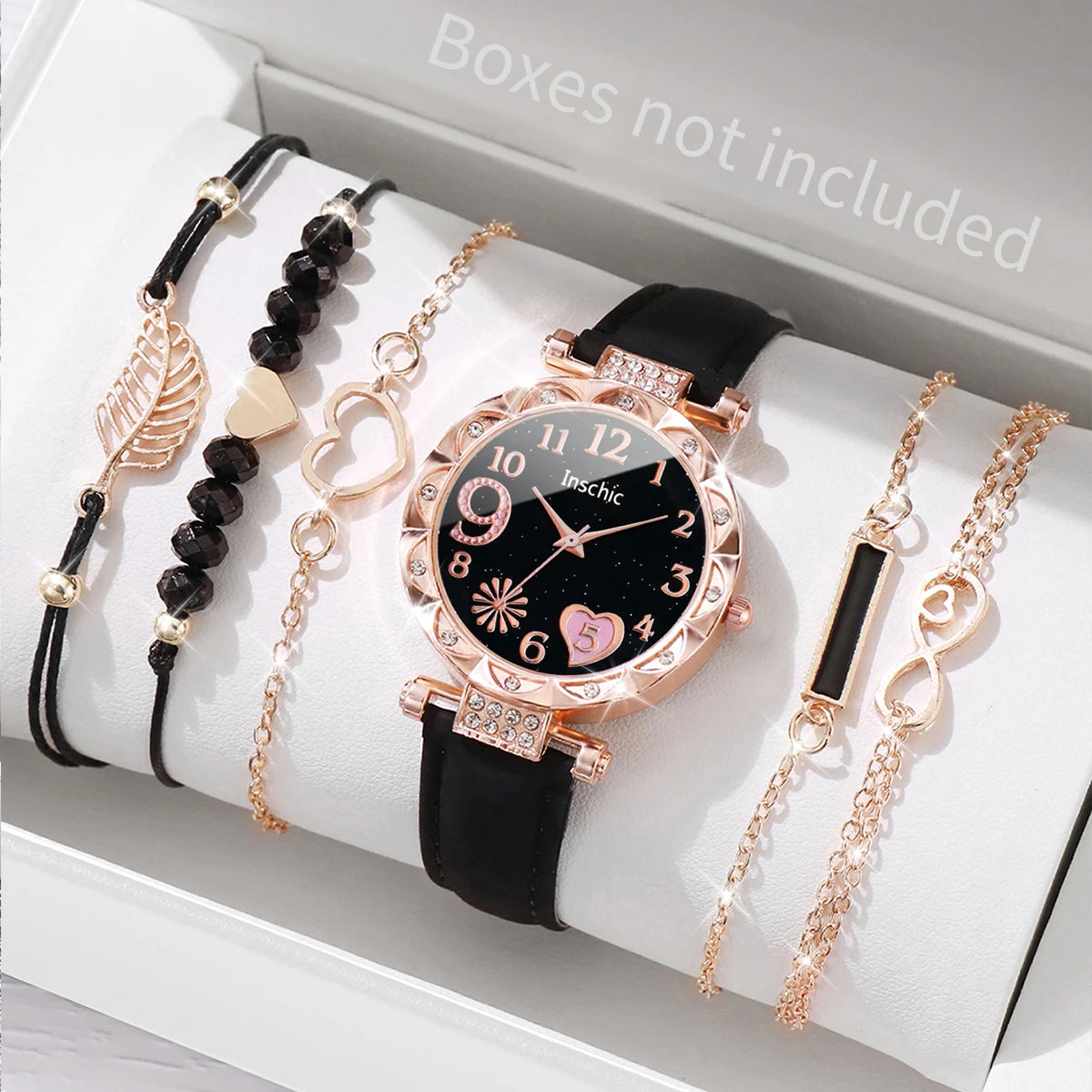 Montre Femme Cœur – Ensemble 6 Pièces Bracelet + Montre (Sans Boîte)