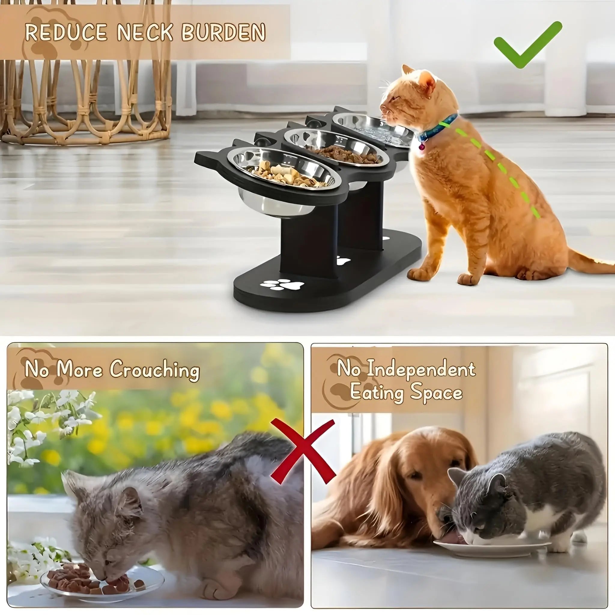 Gamelle surélevée en inox sur cadre bois pour chat — inclinée 15°