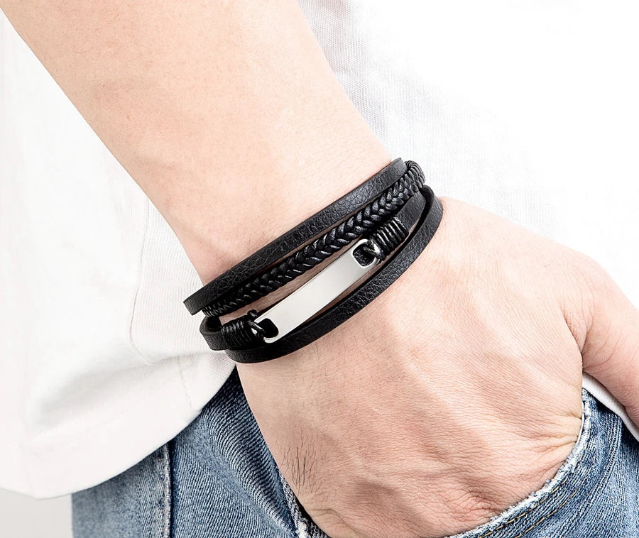 Bracelet Homme Multicouche Cuir & Acier – Style Classique XQNI