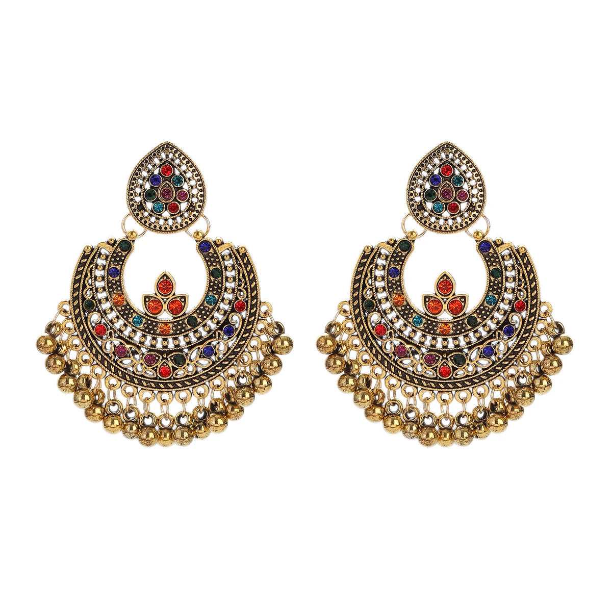 Boucles d’Oreilles Jhumka Indiennes – Cœur Doré, Perles & Pompon – Style Vintage Éthnique