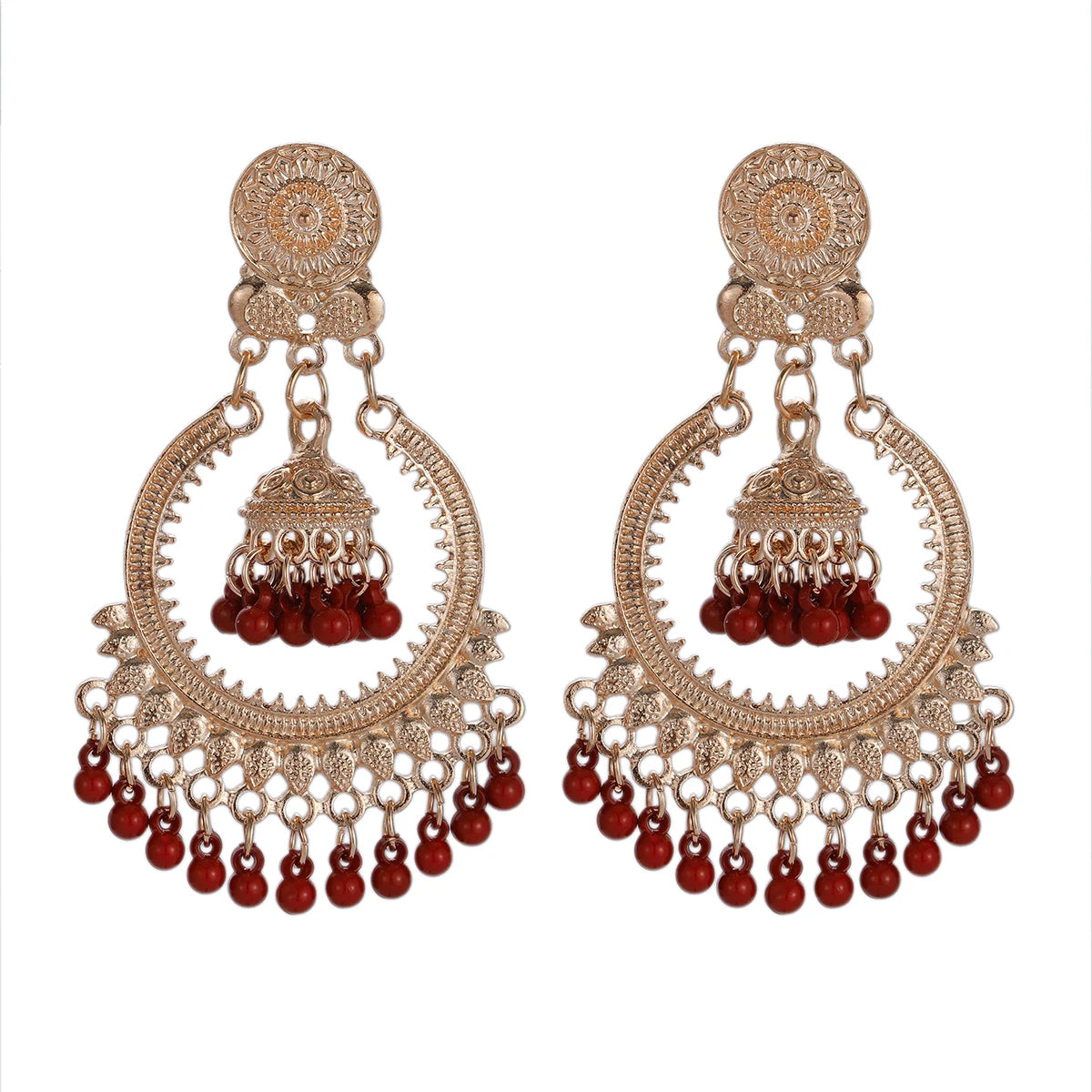 Boucles d’Oreilles Jhumka Rondes Dorées – Vintage Bohème à Fleurs & Pompons de Perles