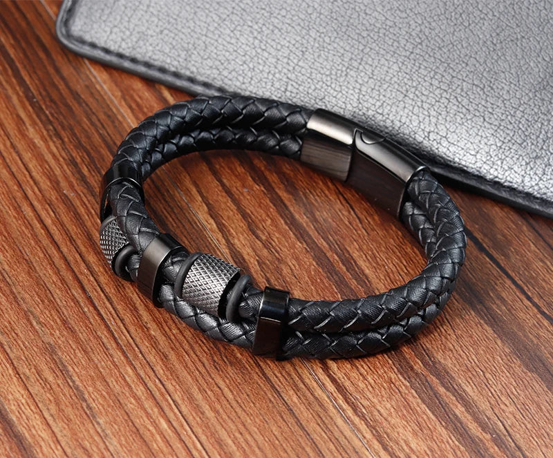 Bracelet Cuir Tressé & Acier – Fermoir Magnétique Homme
