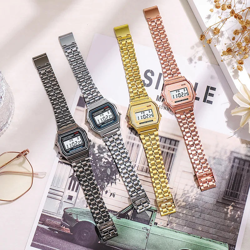 Montre Digitale Rétro – Luxe Or Rose & Acier (Femmes)