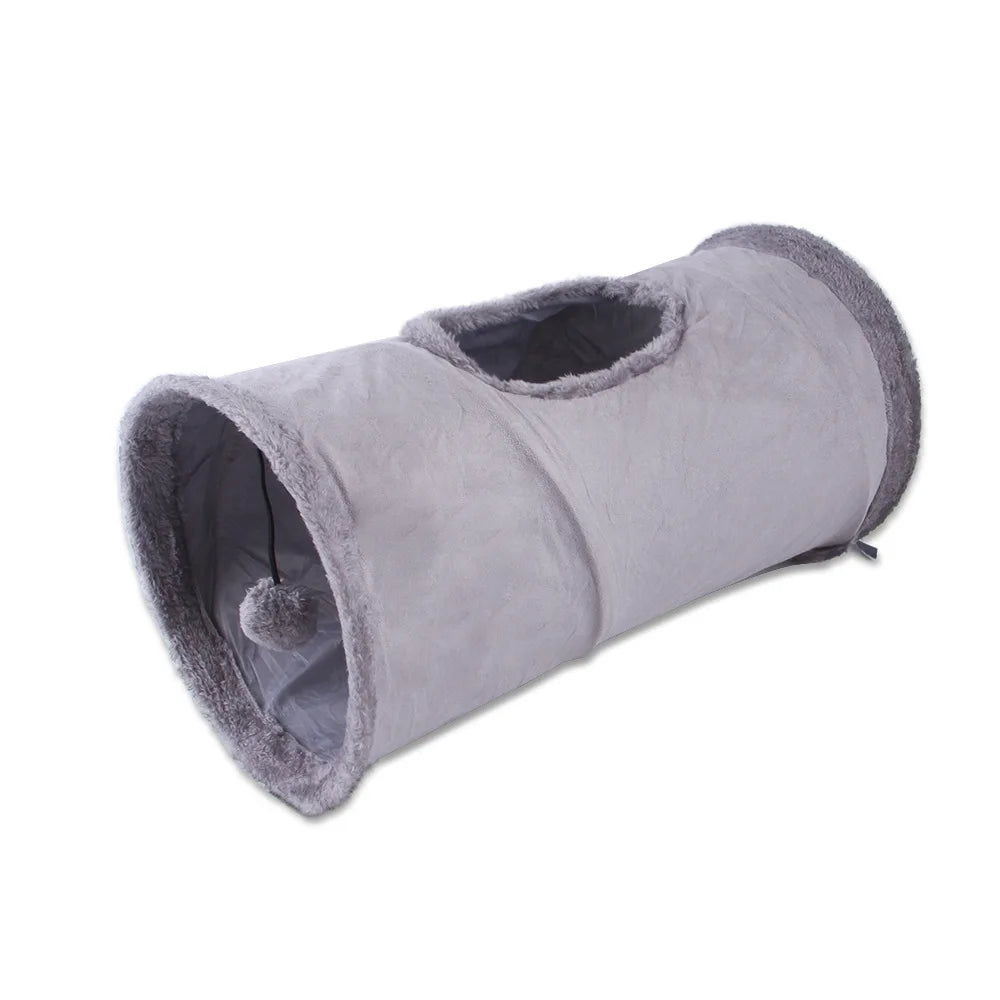 Tunnel en peluche suède pour chat — cachette de jeu