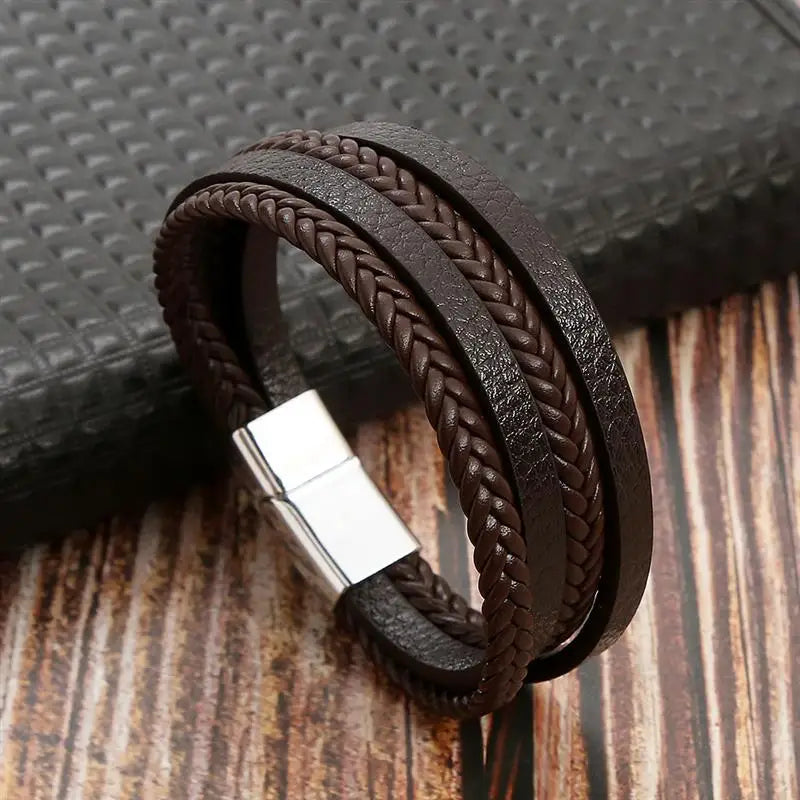 Bracelet en Cuir Multicouche Homme – Style Punk Classique | Tissé à la Main • Boucle Magnétique