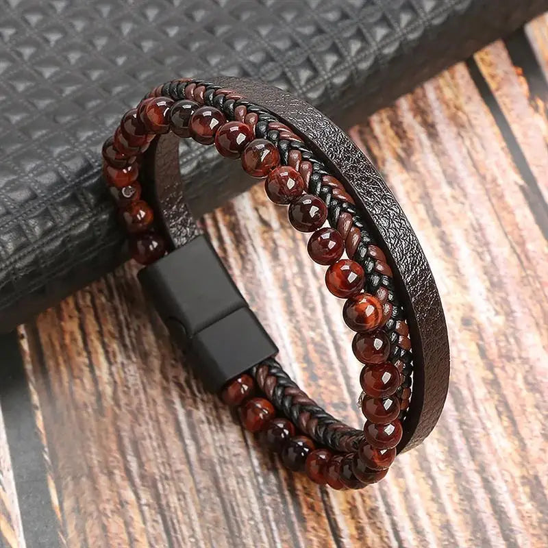 Bracelet en Cuir Multicouche Homme – Style Punk Classique | Tissé à la Main • Boucle Magnétique