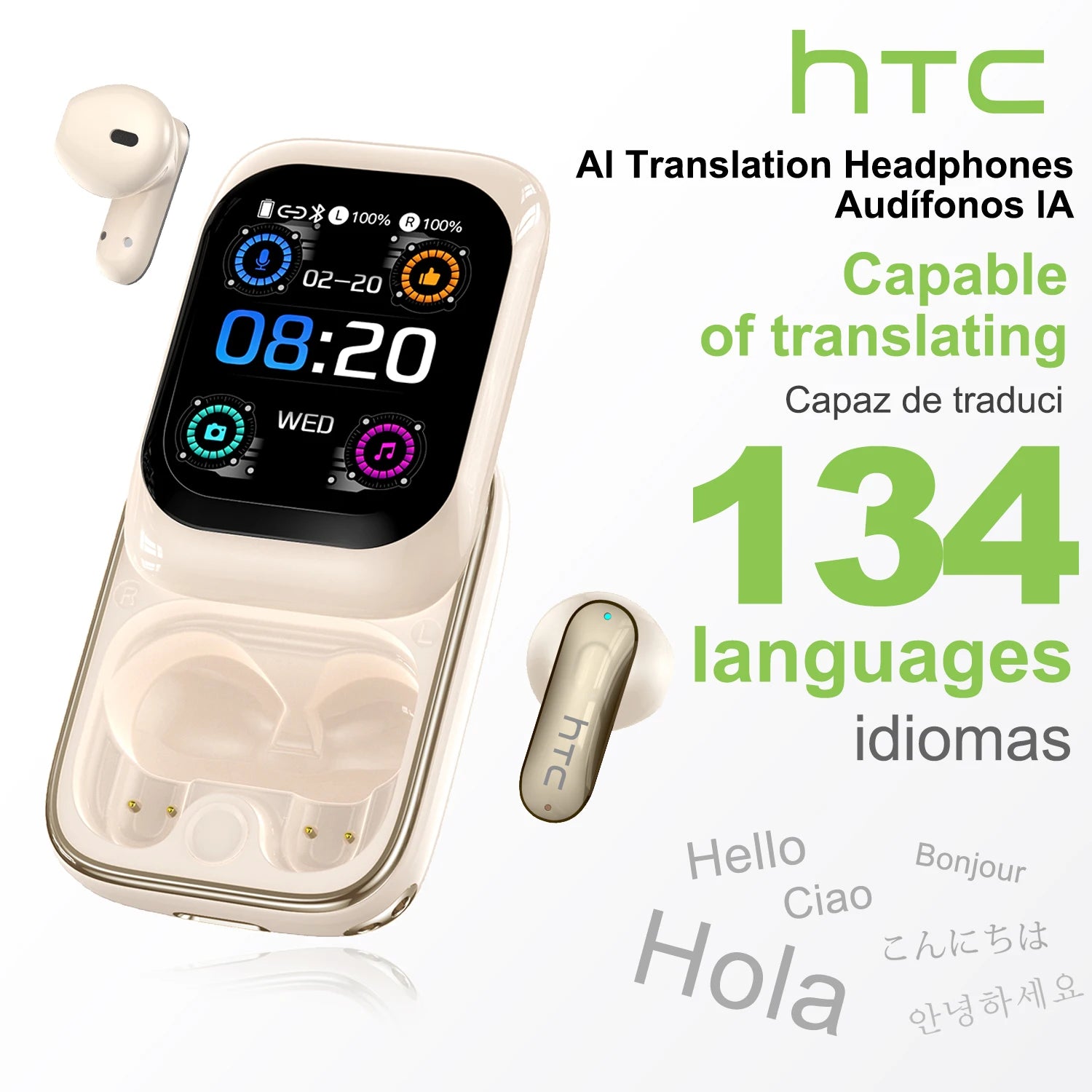 HTC NE48 – Écouteurs Bluetooth TWS AI – Traducteur Intelligent – Écran Ultra HD – Autonomie 48h