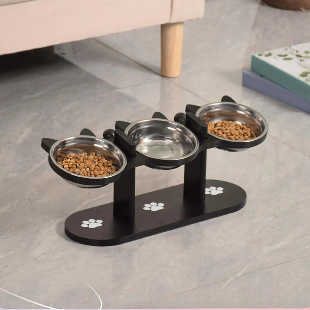 Gamelle surélevée en inox sur cadre bois pour chat — inclinée 15°