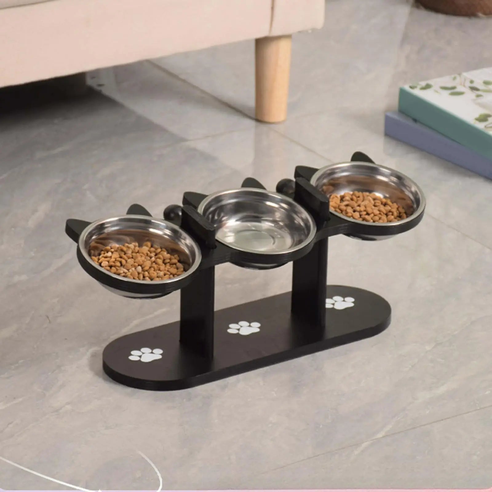 Gamelle surélevée en inox sur cadre bois pour chat — inclinée 15°