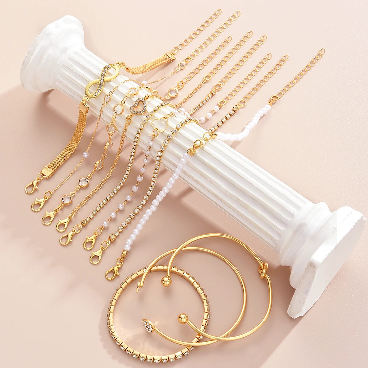 Set Bracelets Boho 11 Pièces – Perles, Cristal & Charms Dorés (Style Vintage)