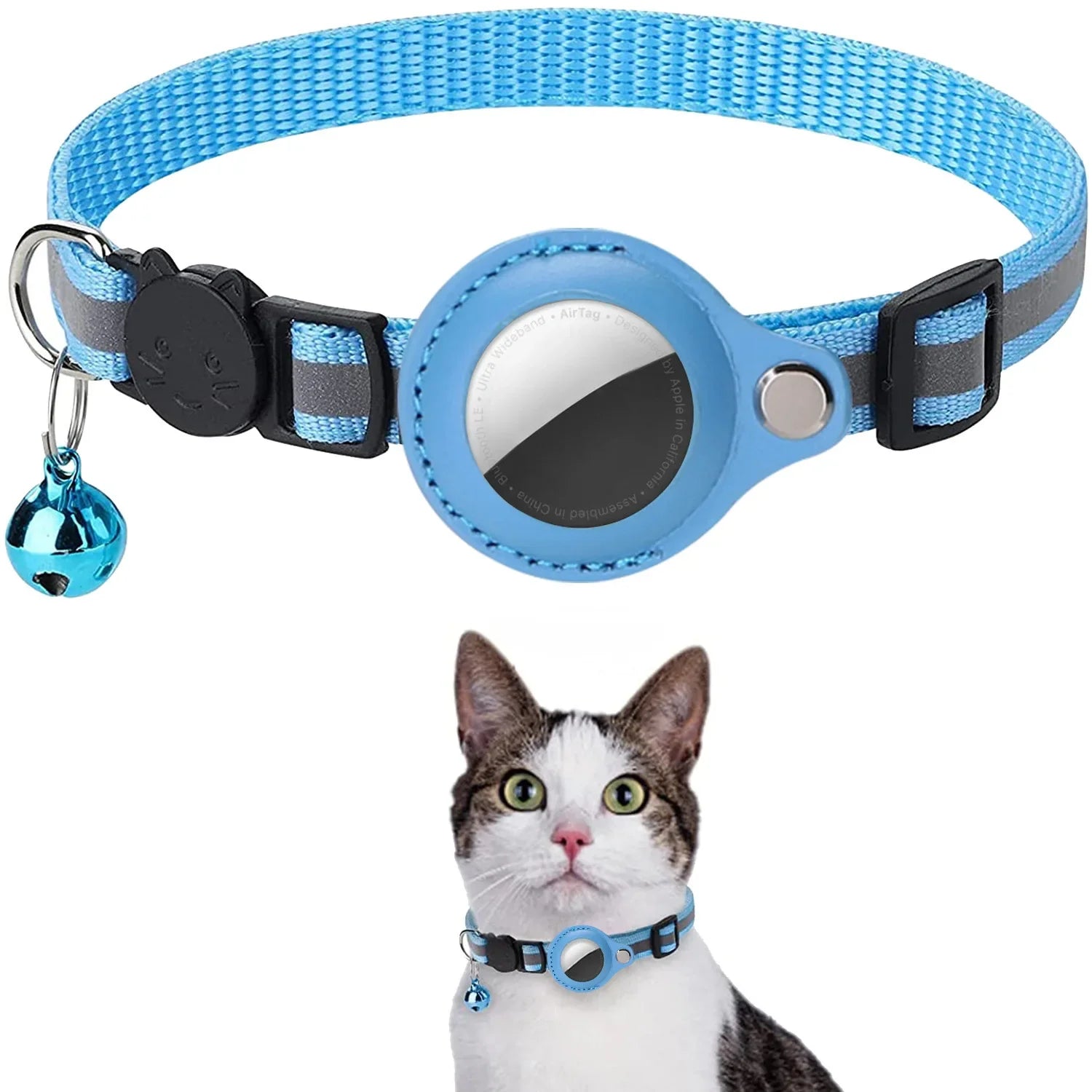 Collier chat support AirTag étanche avec grelot — réfléchissant