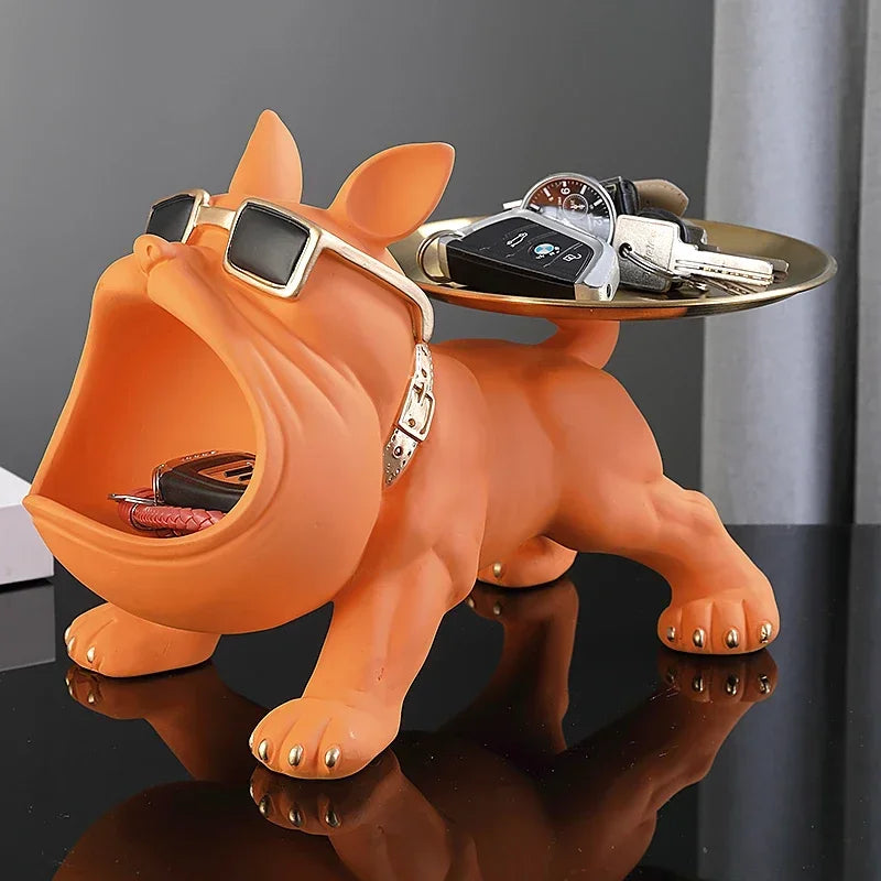 Statue Bouledogue avec Plateau Doré – Sculpture Design & Rangement Élégant