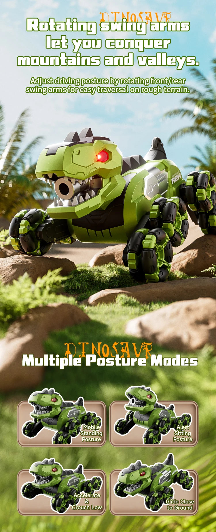 Dinosaure Y12 – 8WD, Bras Articulés, Dérive & Vapeur Brume