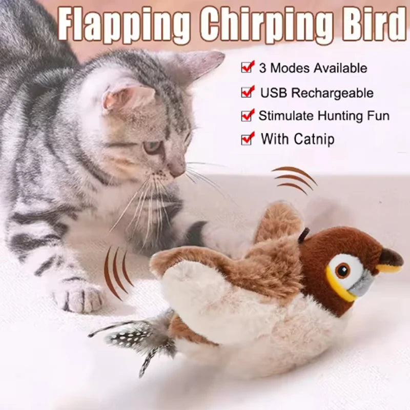 Oiseau simulé interactif rechargeable pour chat et chien — chant et battement d'ailes
