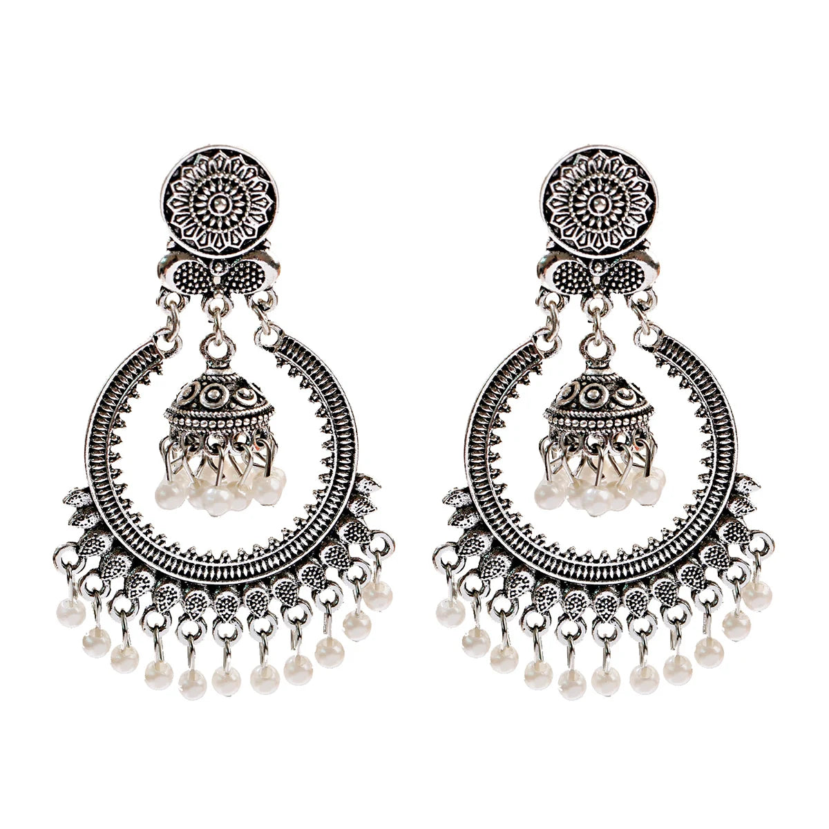 Boucles d’Oreilles Jhumka Rondes Dorées – Vintage Bohème à Fleurs & Pompons de Perles